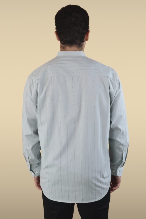 Camisa Hombre Cuello Mao Manga Larga Verde Manzana Estilo Túnica Con Rayas